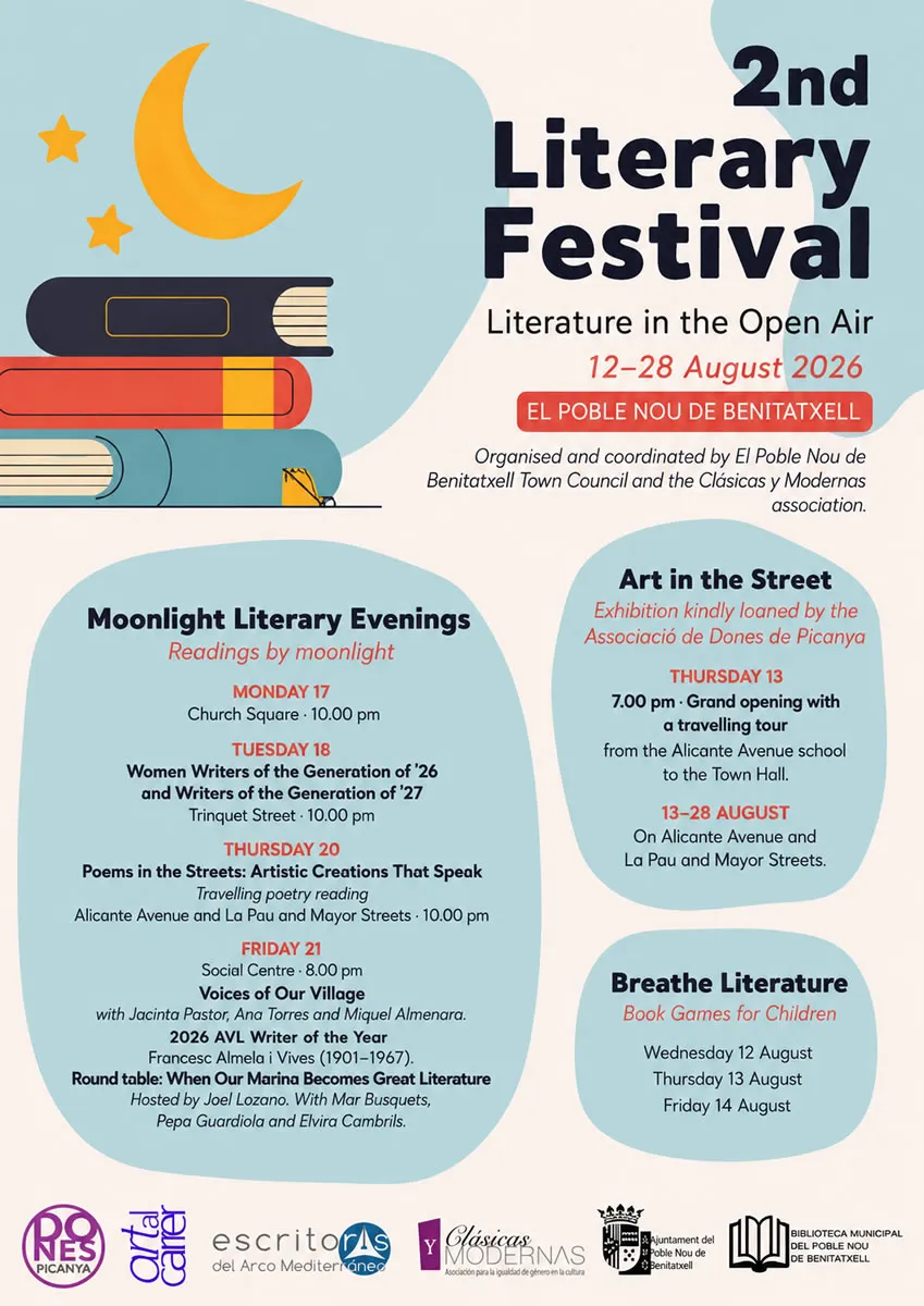 Programme of the second Benitachell Literary Festival, Literature in the Open Air, 12 to 28 August 2026