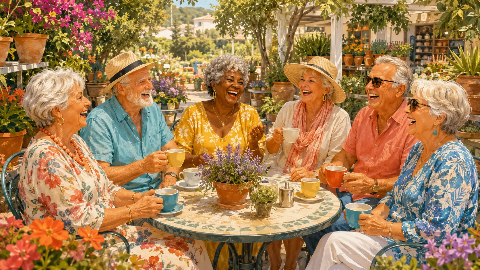 Illustration of older women and men laughing over coffee in a garden centre café