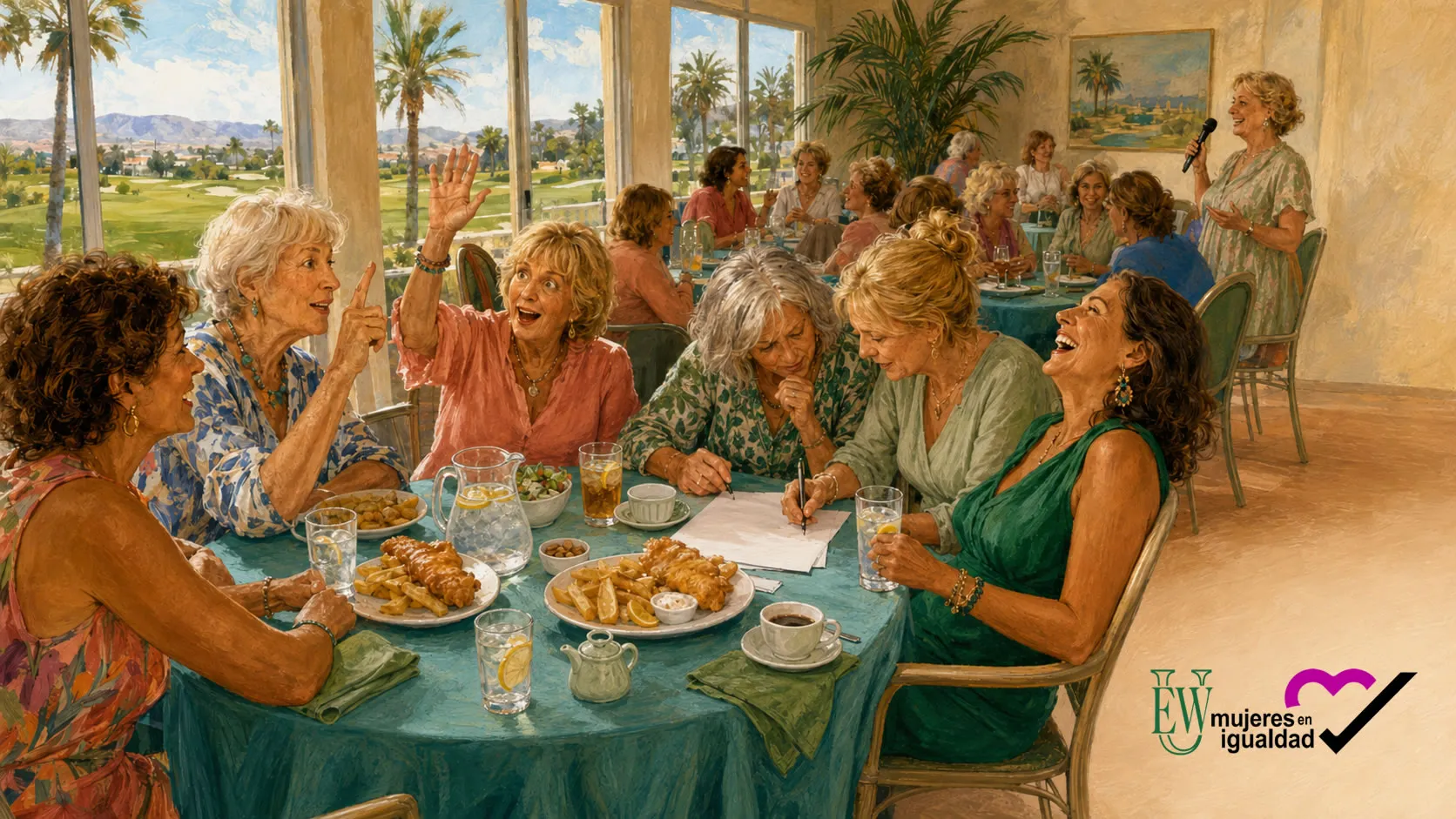 Illustration of women laughing round a table at a quiz and fish and chips evening