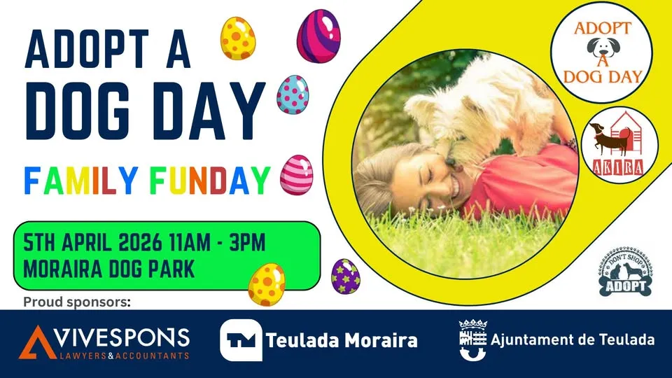 Poster for Adopt a Dog Day Family Funday, 5 April 2026 from 11am to 3pm at Moraira Dog Park