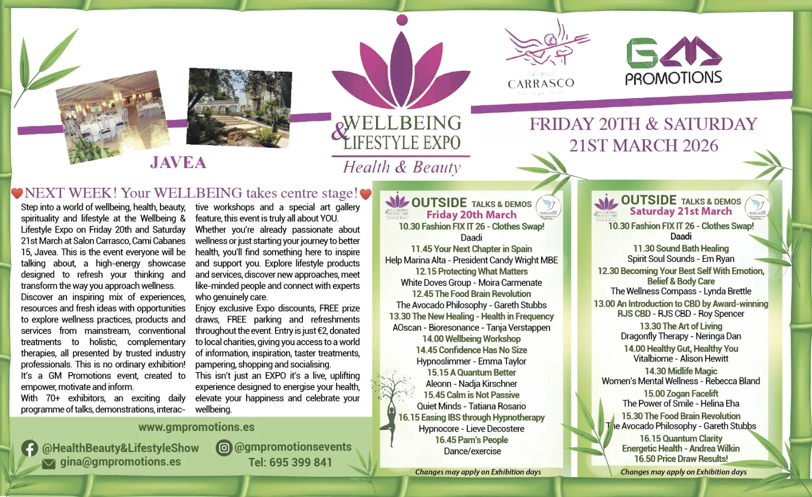 Programme of the Wellbeing and Lifestyle Expo at Salones Carrasco, Jávea, on 20 and 21 March 2026