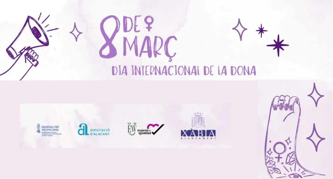 Poster for 8 de Març, Dia Internacional de la Dona, in Jávea, with the logos of the organisers