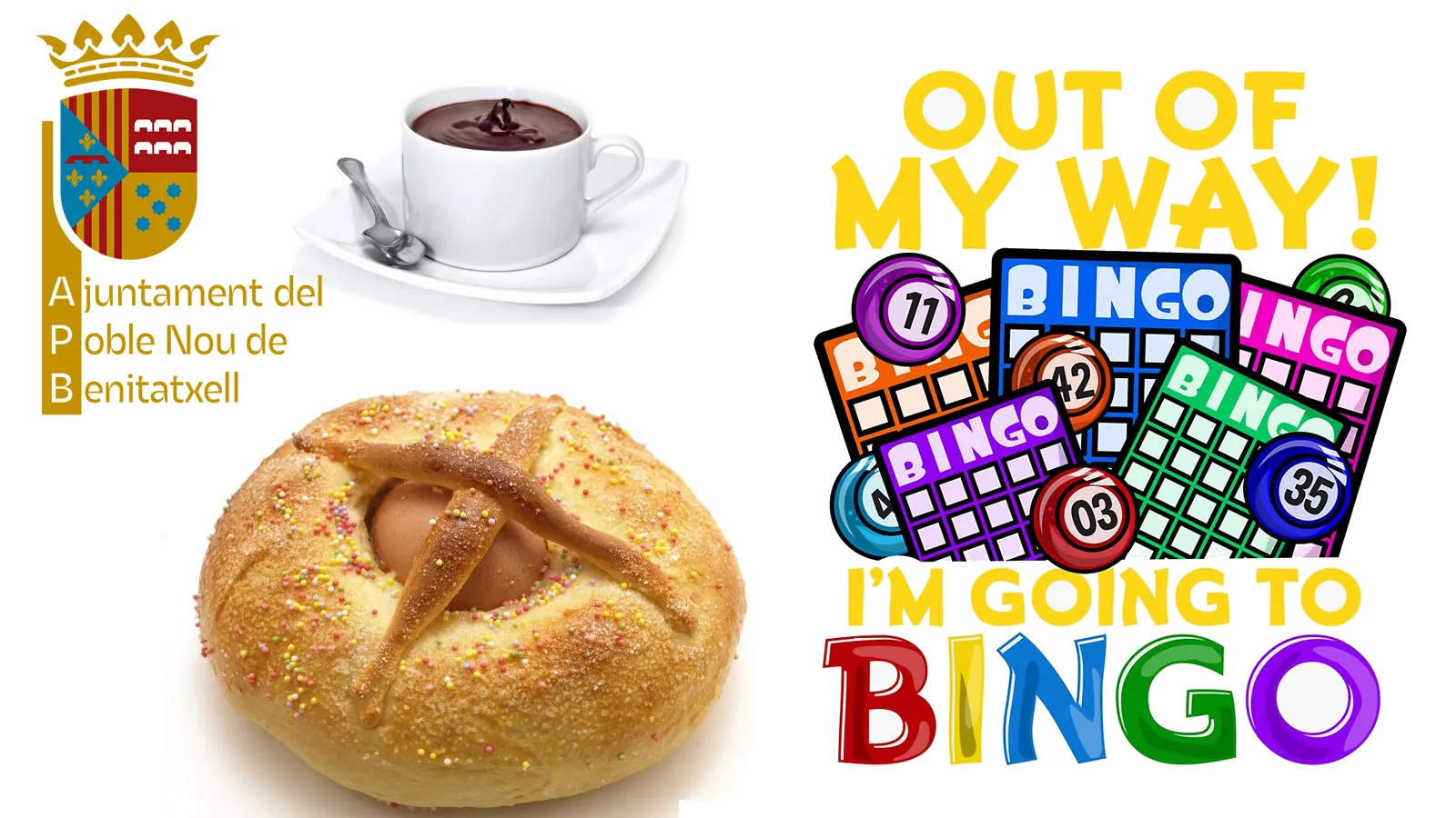 Hot chocolate, an Easter mona cake and bingo cards, with the words Out of my way! I’m going to bingo
