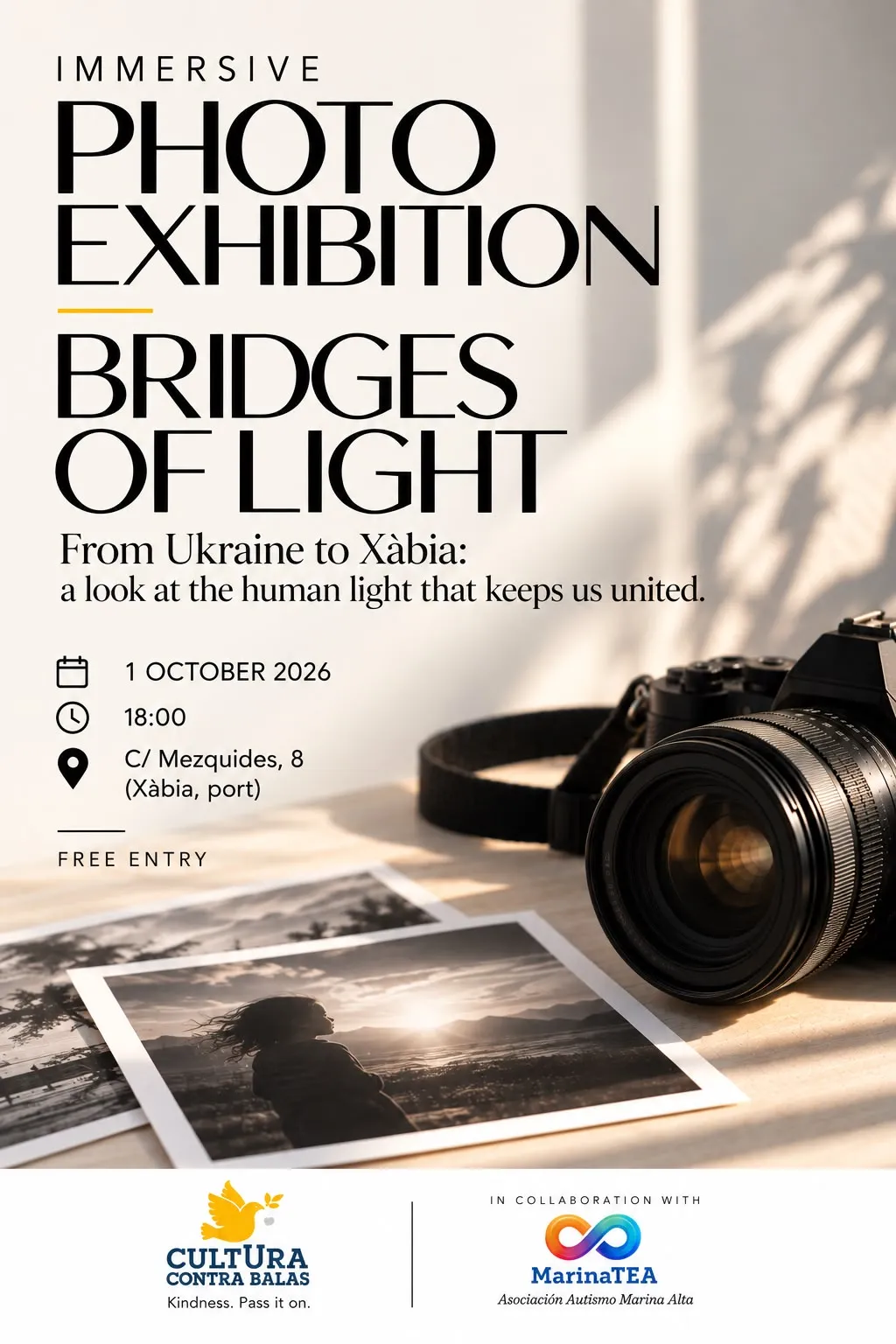 Poster for the photo exhibition Bridges of Light, From Ukraine to Xàbia, 1 October 2026 at 18:00, Calle Mezquides 8, Xàbia port