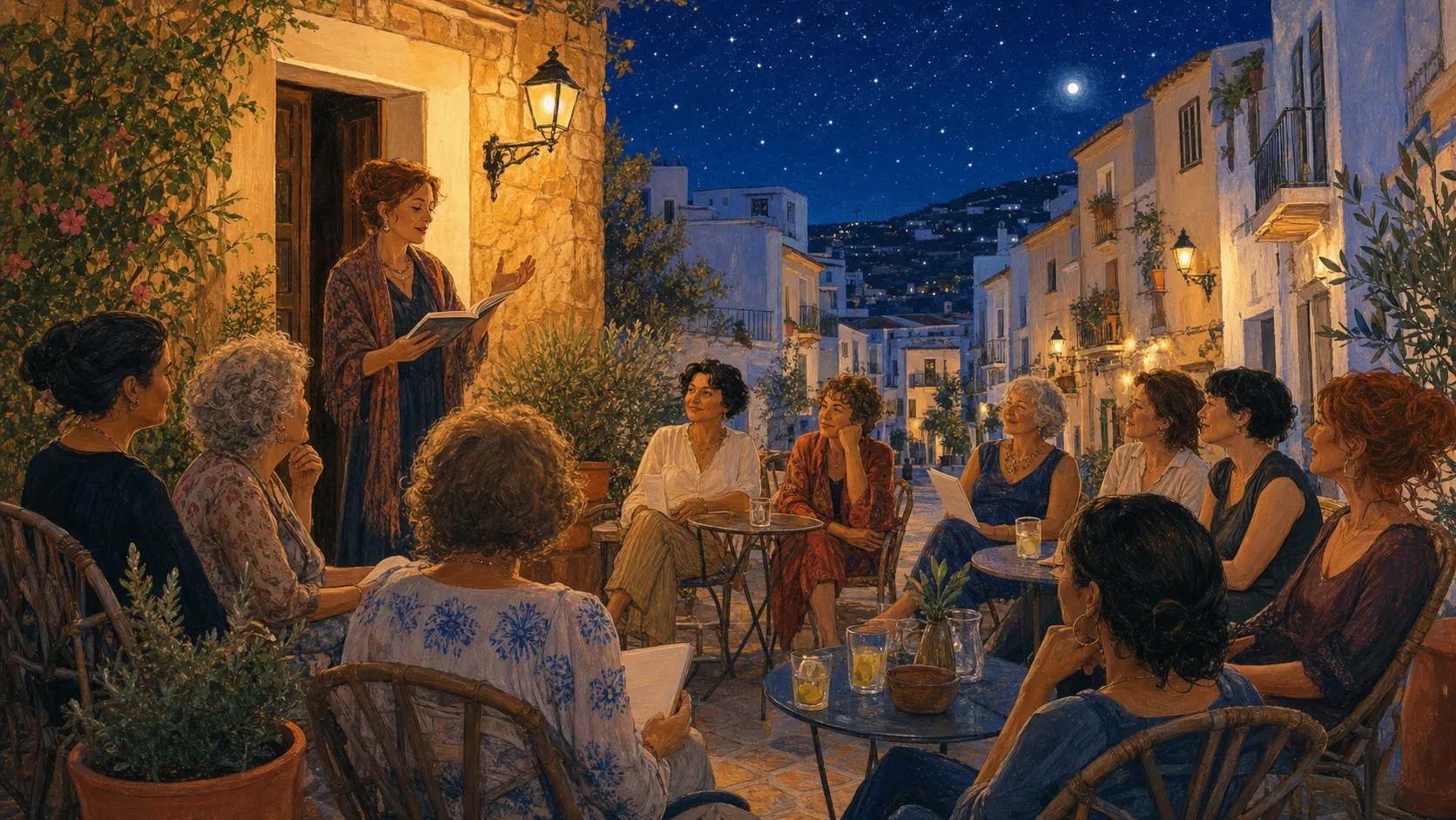 Illustration of women gathered at night in a village street, listening to a reading