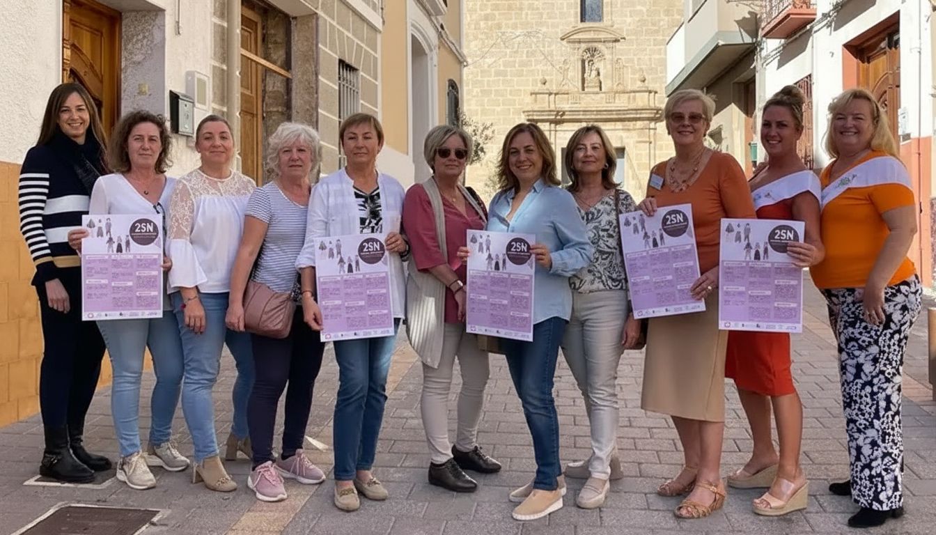 Mujeres en una calle del pueblo con carteles del 25N, Día Internacional de la Eliminación de la Violencia contra la Mujer