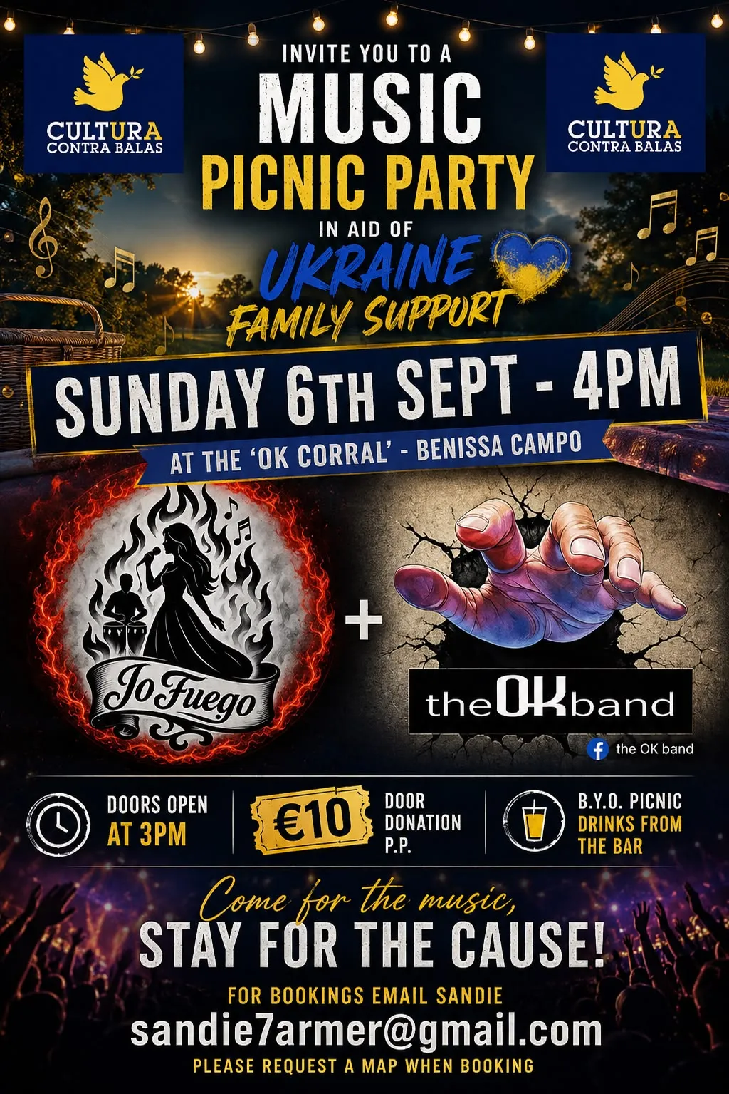 Poster for the Music Picnic Party in aid of Ukraine family support, Sunday 6 September at 4pm at the OK Corral, Benissa