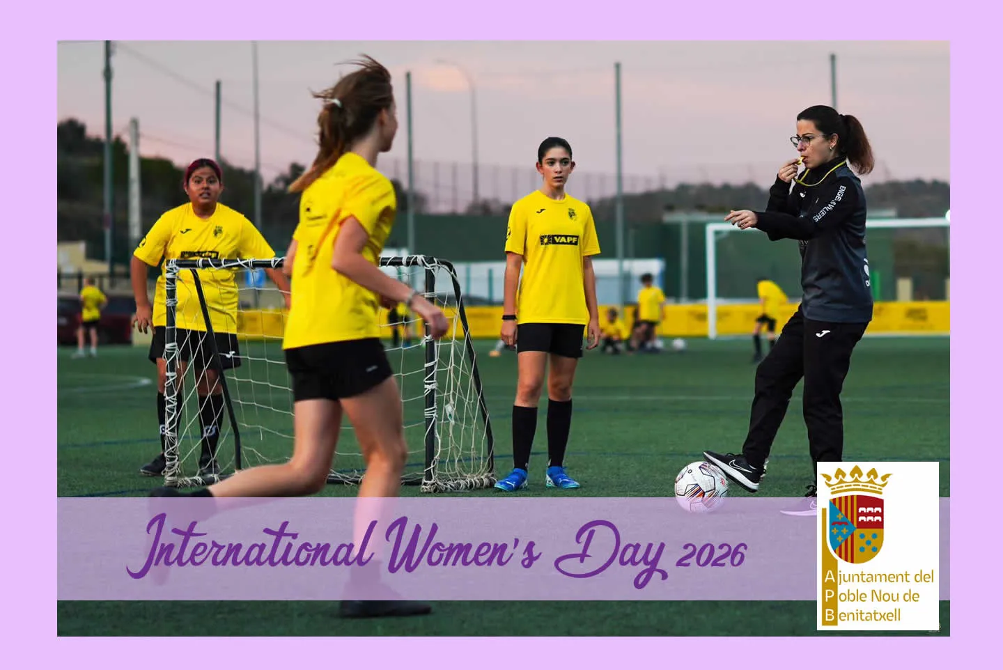 Girls’ football training, with the words International Women’s Day 2026 and the crest of Benitachell Town Hall