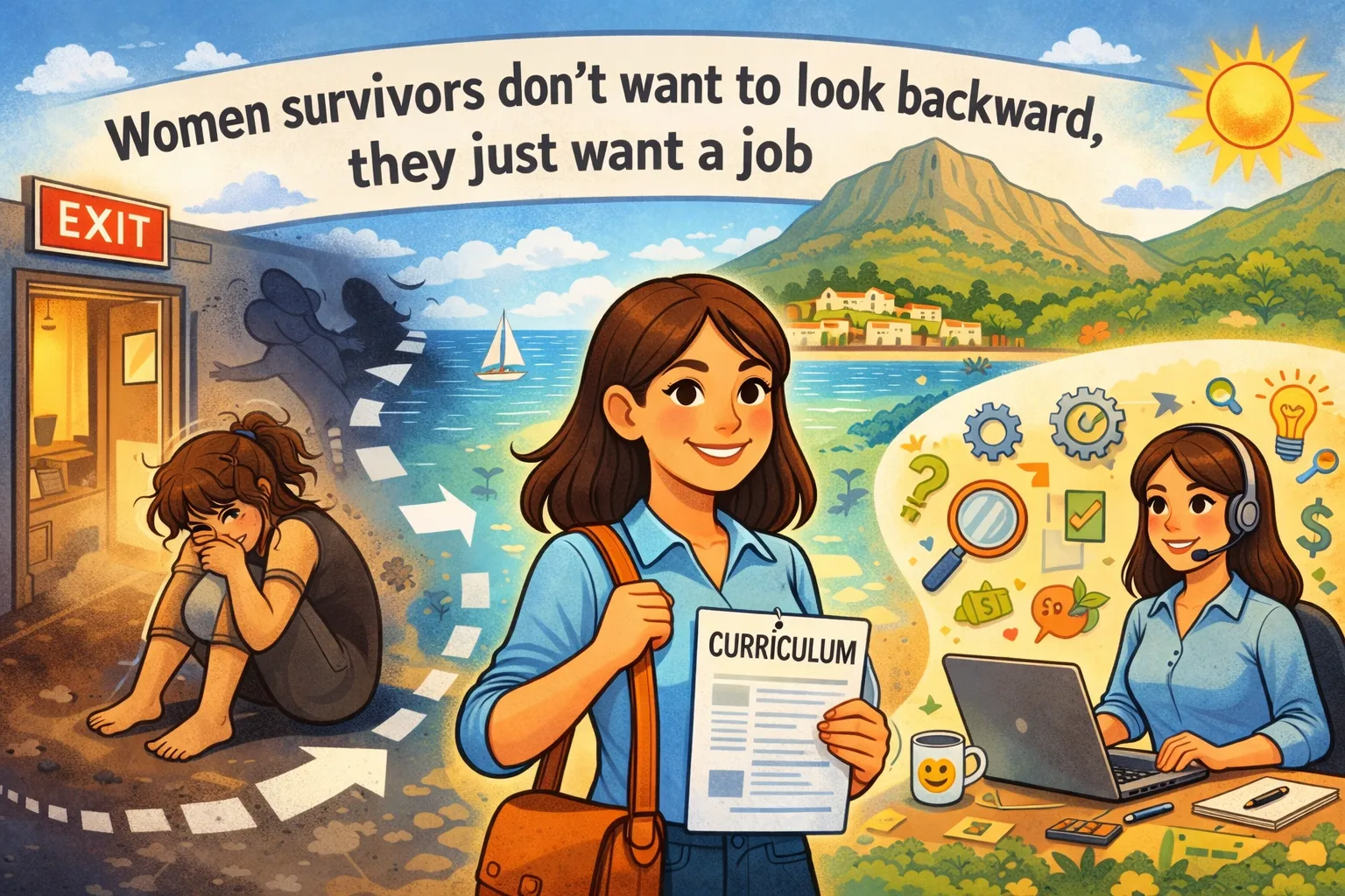 Illustration of a woman leaving a dark past behind, holding her CV, with the words Women survivors don’t want to look backward, they just want a job