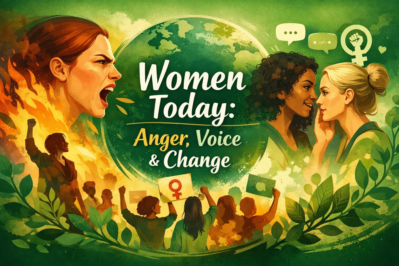 Illustration of women speaking out, with the words Women Today: Anger, Voice and Change